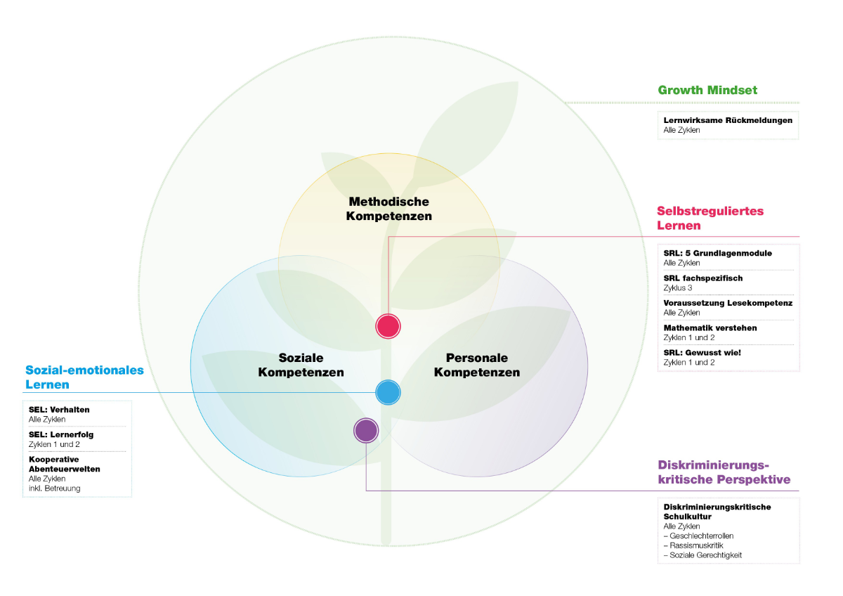 Übersichtsgrafik mit den Themen «Growth Mindset», «Selbstreguliertes Lernen», «Sozial‑emotionales Lernen» und «Diskriminierungskritische Perspektive»